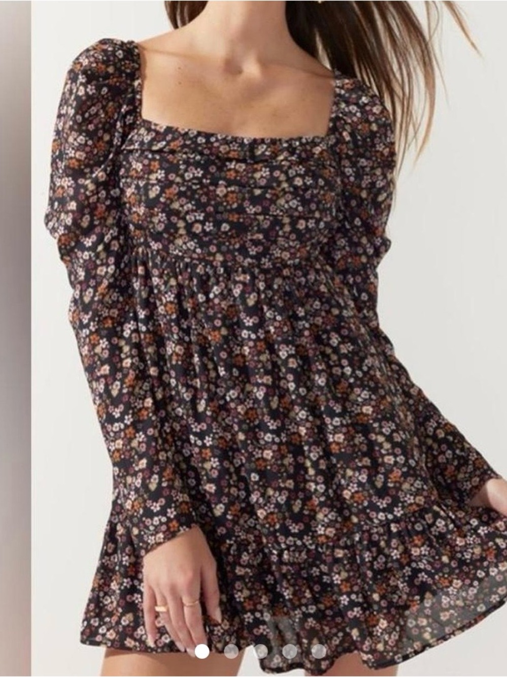 Francesca's Collections Black Floral Square-Neck Long Sleeve Mini Dress
